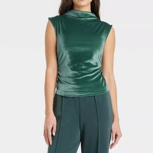 A New Day XS Sleeveless Holiday Green Velvety Velour Top Ruched Cd-1617
